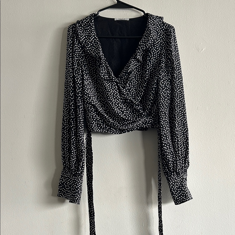 Renato nucci Black Polka Dot Wrap Blouse with Tie Waist
